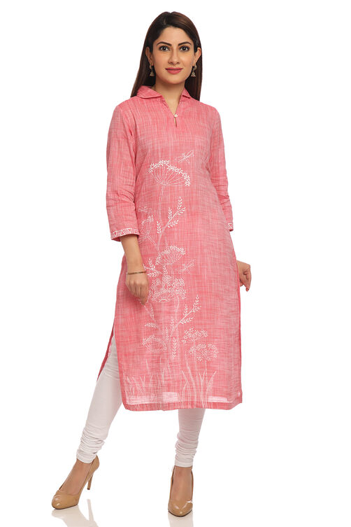 Pink Straight Cotton Kurta image number 0