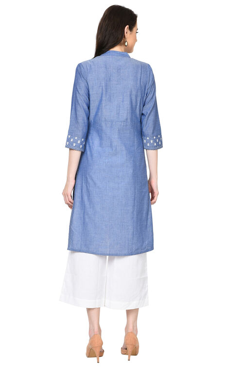 Blue Straight Chambray Kurta image number 4