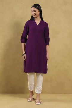 Purple Viscose Blend Solid Straight Kurta image number 3