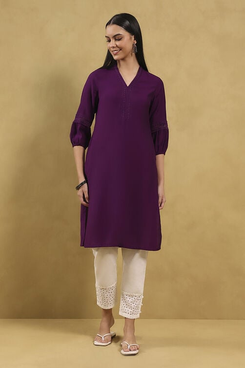 Purple Viscose Blend Solid Straight Kurta image number 3