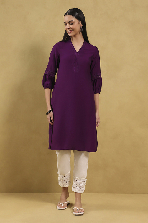 Purple Solid Straight Kurta image number 2