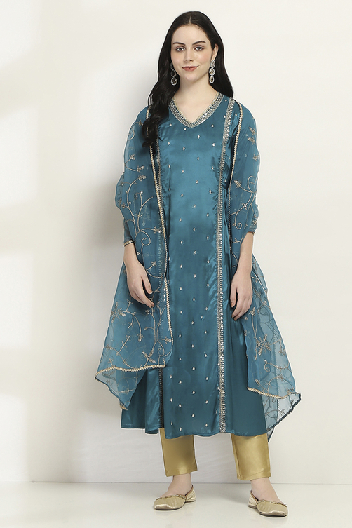 Teal Viscose Gathered Dress image number 5