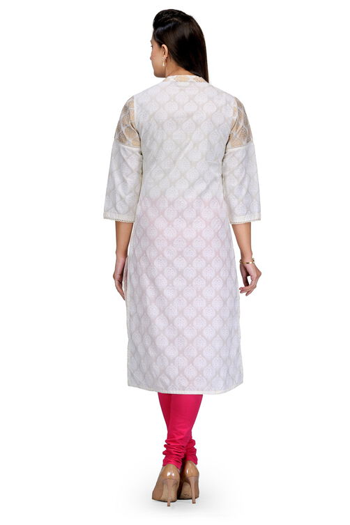 Off White Cotton Straight Kurta image number 3