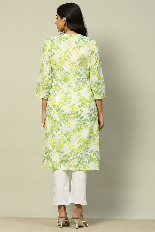 White and Blue Cotton Floral Printed Straight Kurta image number 3
