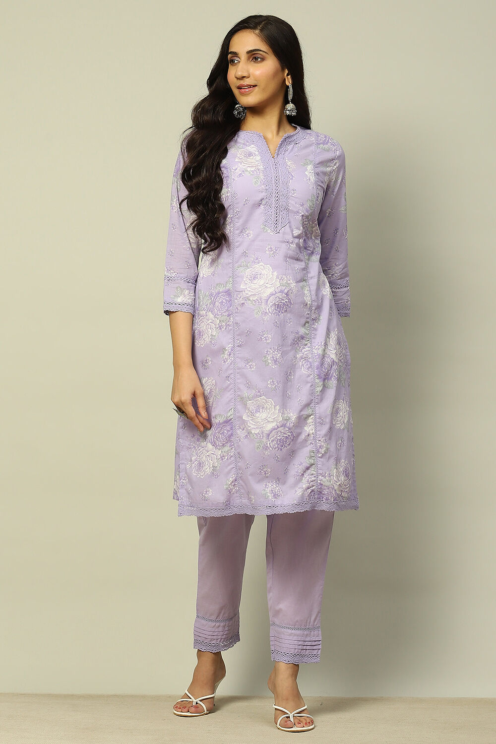 Lilac Cotton Printed Straight Suit Set image number 6