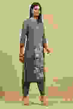 Grey Viscose Rayon Printed Straight Kurta Pants Set image number 5