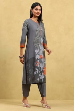 Grey Viscose Rayon Printed Straight Kurta Pants Set image number 5