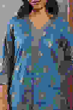 Teal Blue Viscose Rayon Printed Straight Suit Set image number 1