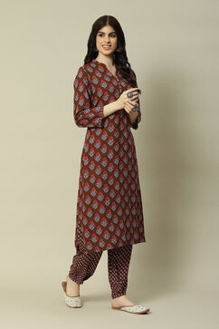 Brown LIVA Straight Printed Kurta Palazzo Suit Set image number 5