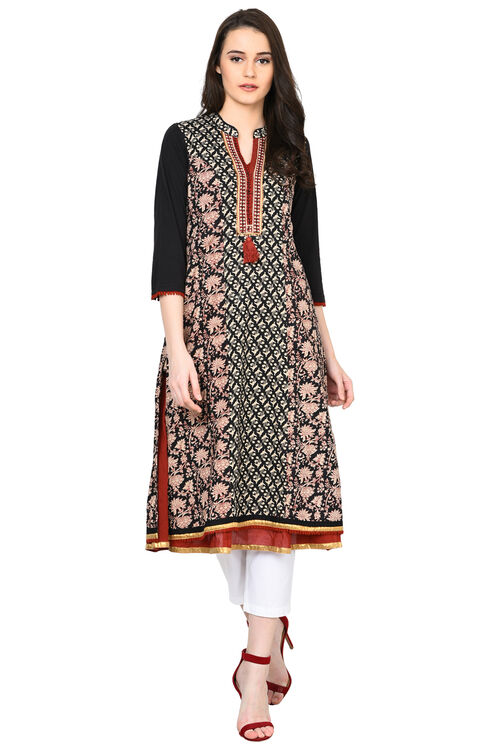 Black Flared Cotton Kurta image number 0