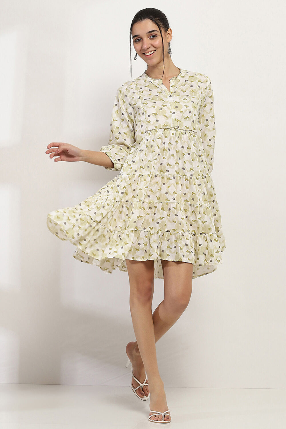 Olive Green Printed Tiered Dress image number 5