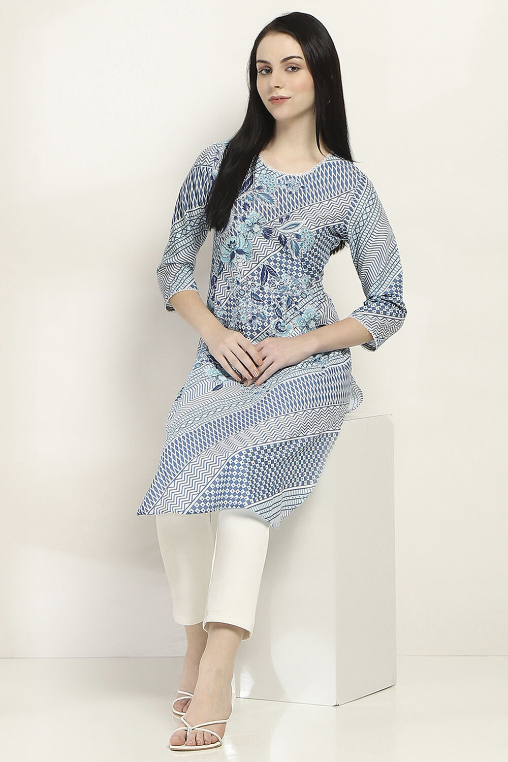 Indigo Cotton Printed Straight Kurta image number 0