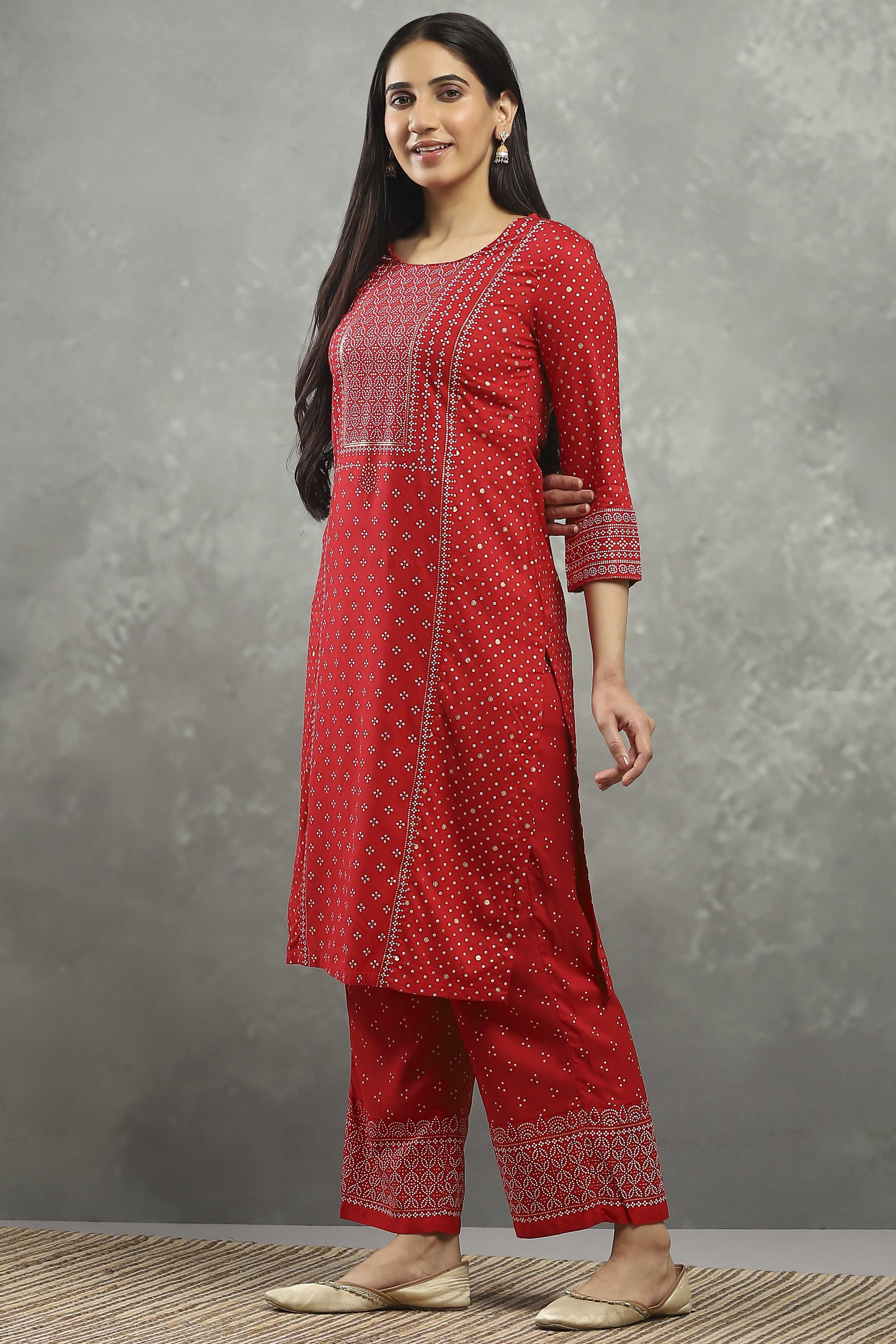 Red Viscose Flared Kurta Pants Set image number 3