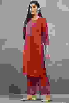 Red Viscose Flared Kurta Pants Set image number 3