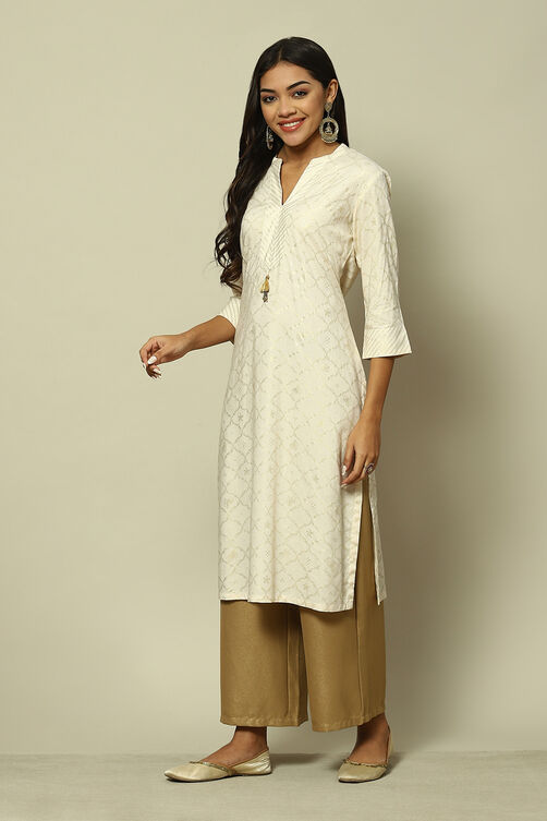 Cream LIVA Straight Printed Kurta image number 2