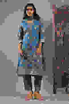 Teal Blue Viscose Rayon Printed Straight Suit Set image number 6