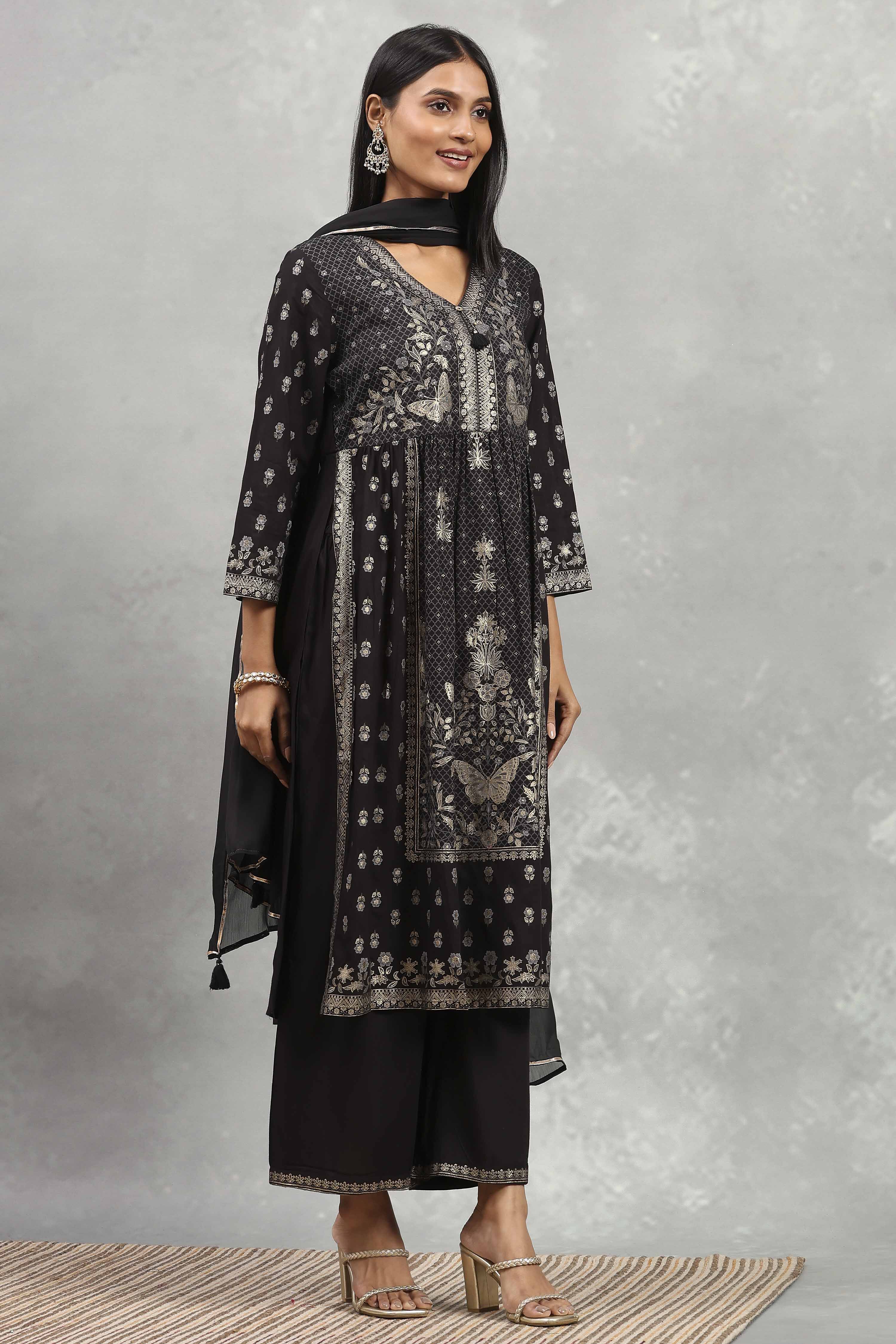 Black Viscose Blend Printed Gathered Suit Set image number 5