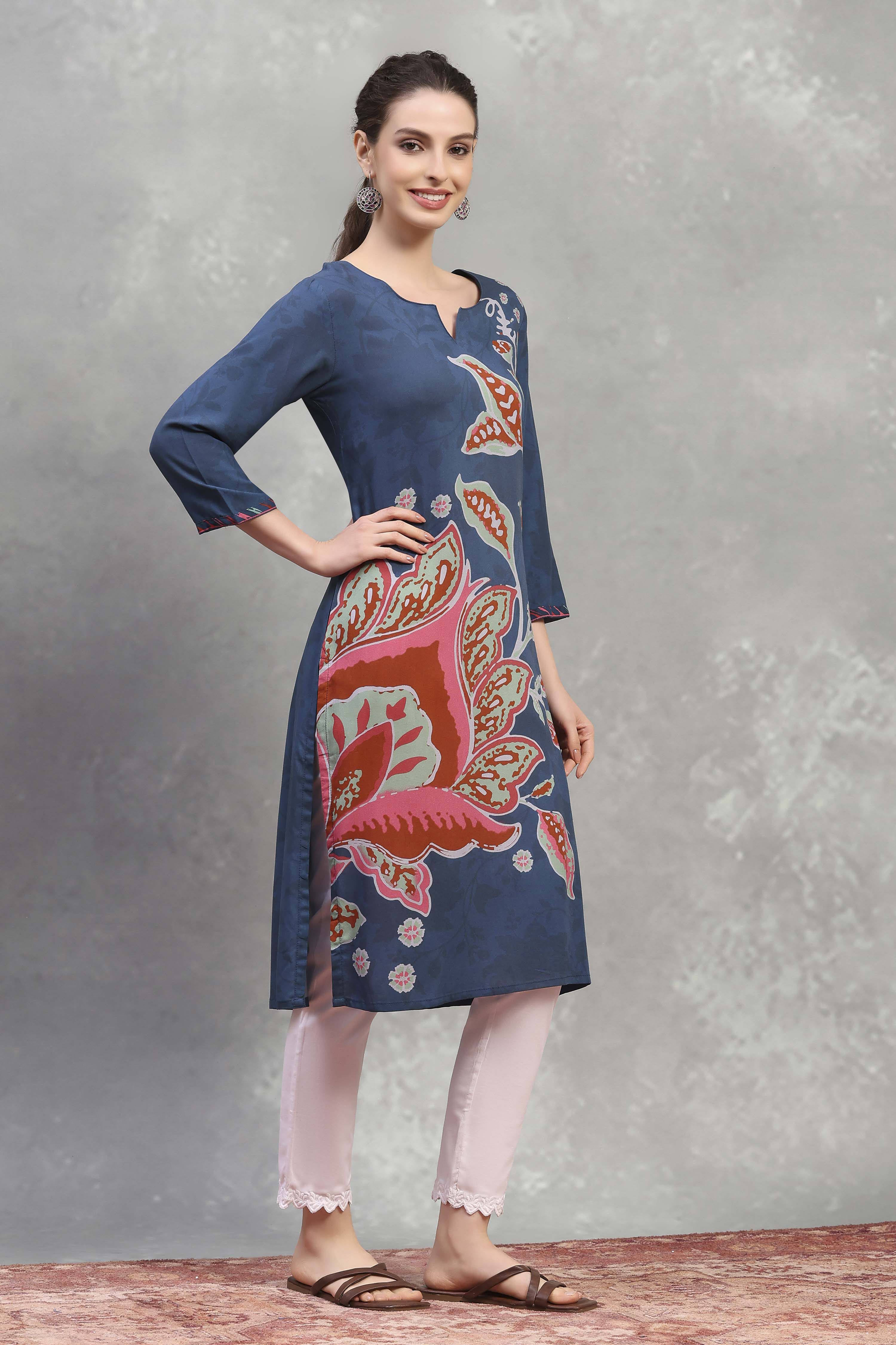 Blue Viscose Rayon Printed Straight Kurta image number 4