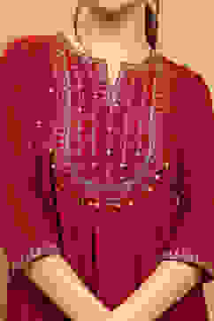 Red Viscose Blend Embroidered Flared Suit Set image number 1