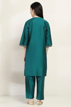 Teal Embroidered Straight Suit Set image number 4