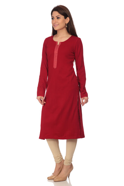 Red Straight Poly Cotton Kurta image number 2
