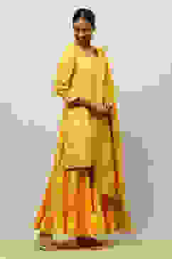 Mustard Yellow Viscose Blend Straight Yarn Dyed Kurta Sharara Suit Set image number 5