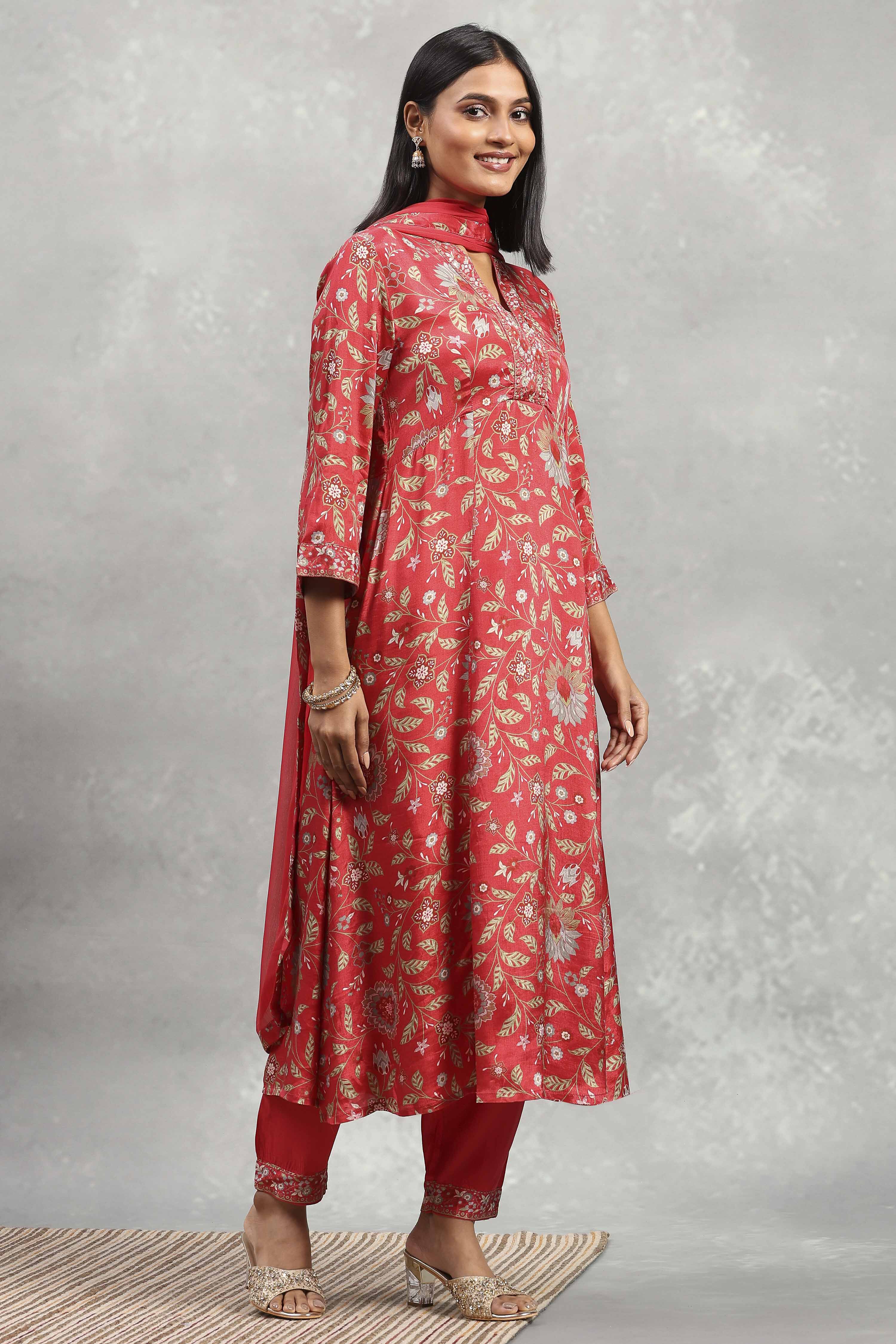 Red Viscose Rayon Printed Kalidar Suit Set image number 5