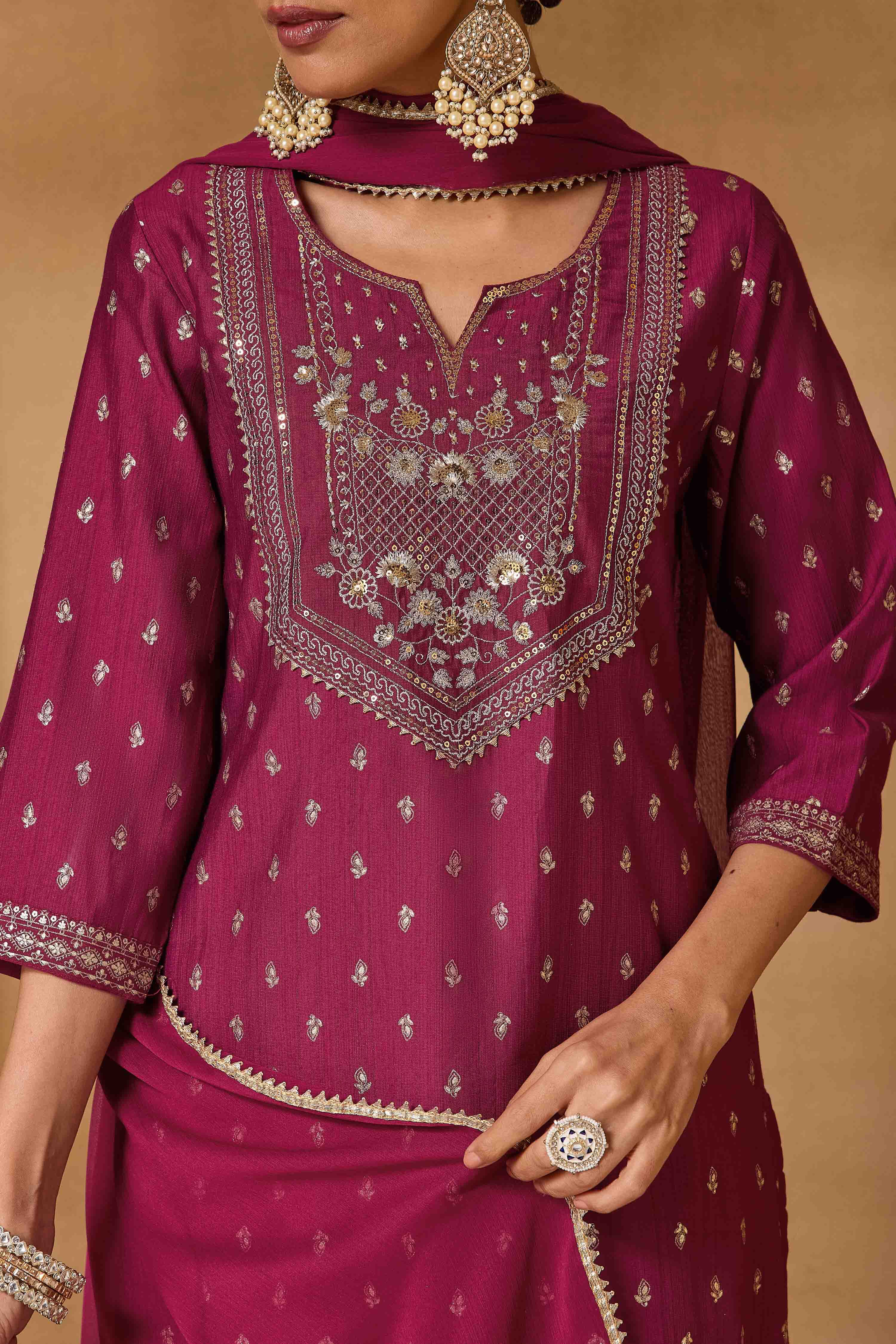 Maroon Viscose Blend Straight Printed Suit Set image number 1