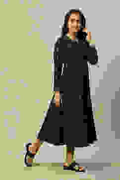 Black Cotton Blend A-Line Printed Dress image number 4