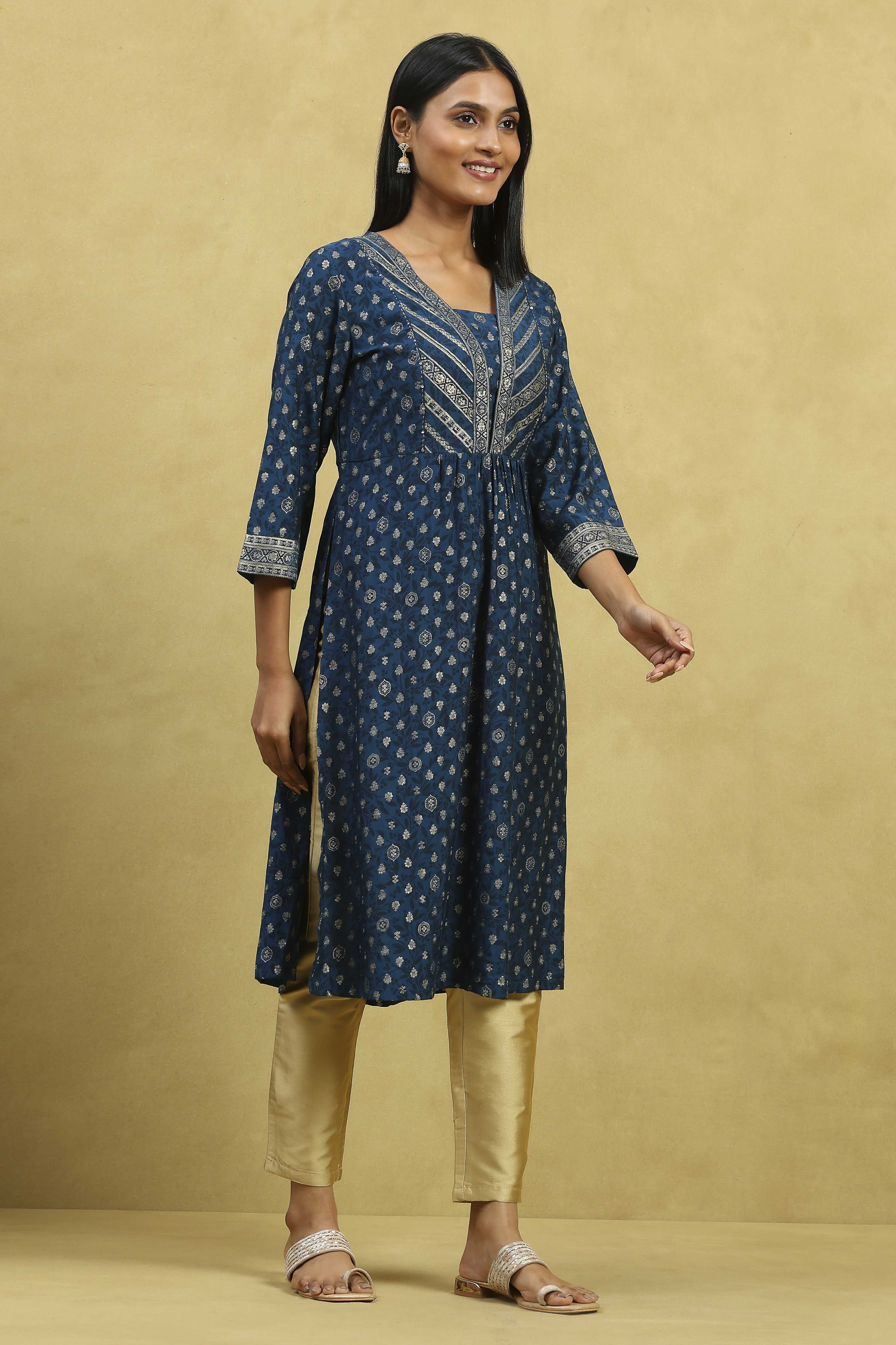 Blue Viscose Blend Printed Gathered Kurta image number 4
