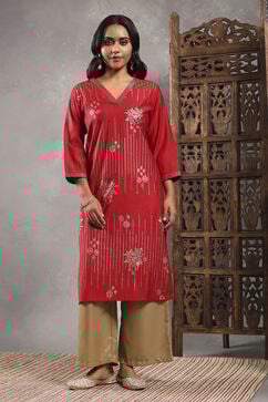 Red Viscose Blend Printed Straight Kurta image number 5