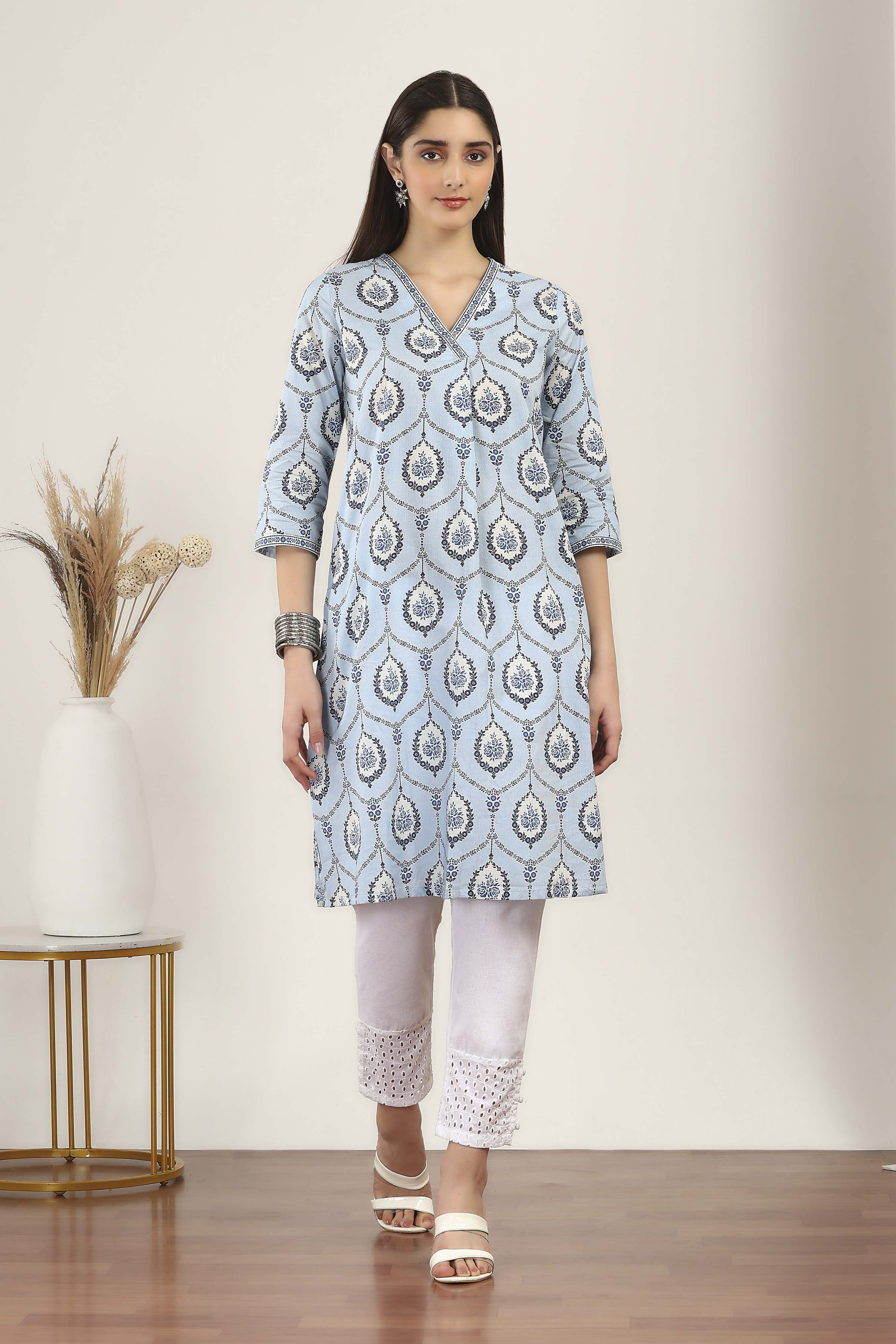 Blue Cotton Straight Kurtas image number 6