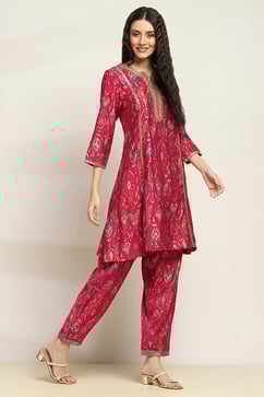 Pink Viscose Blend Printed A-Line Kurta Pants Set image number 5