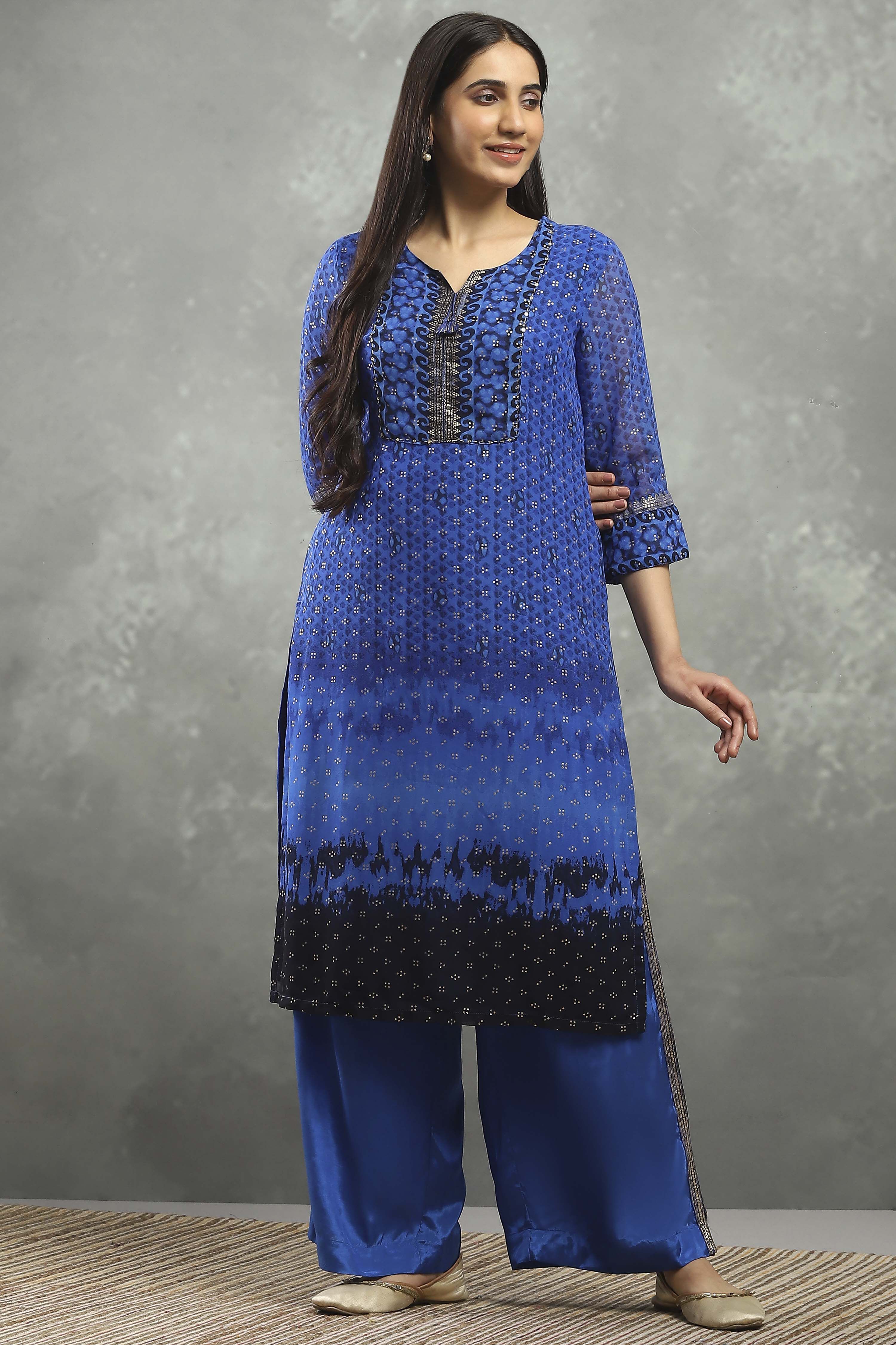 Blue Polyester Straight Kurta Pants Set image number 6