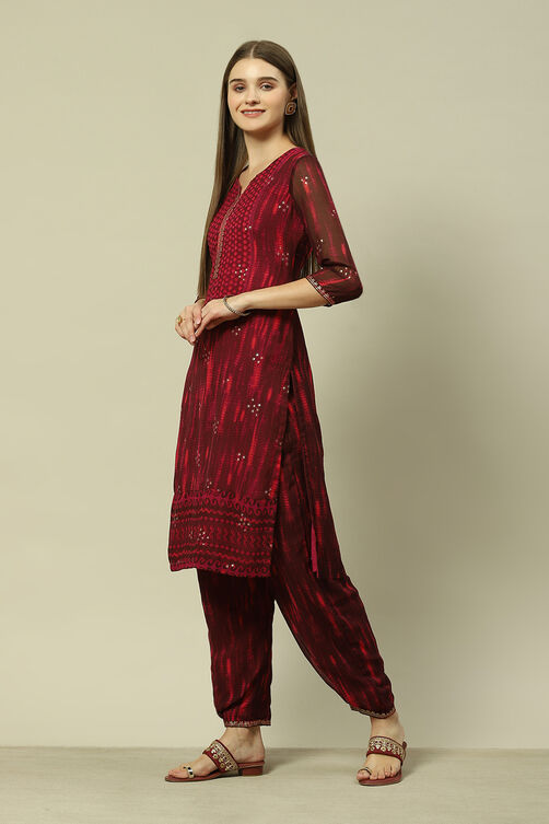Wine Polyester Straight Printed Kurta Palazzo Suit Set image number 1
