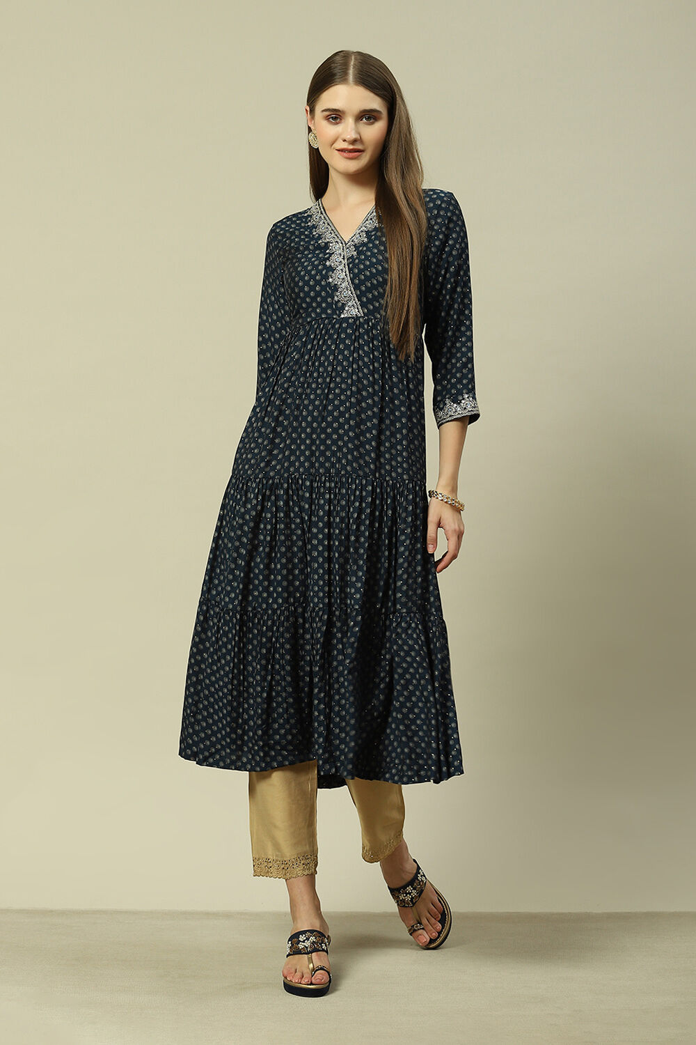 Navy LIVA A-Line Printed Dress image number 0
