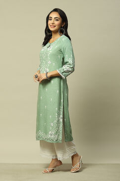 Green LIVA Straight Printed Kurta image number 2