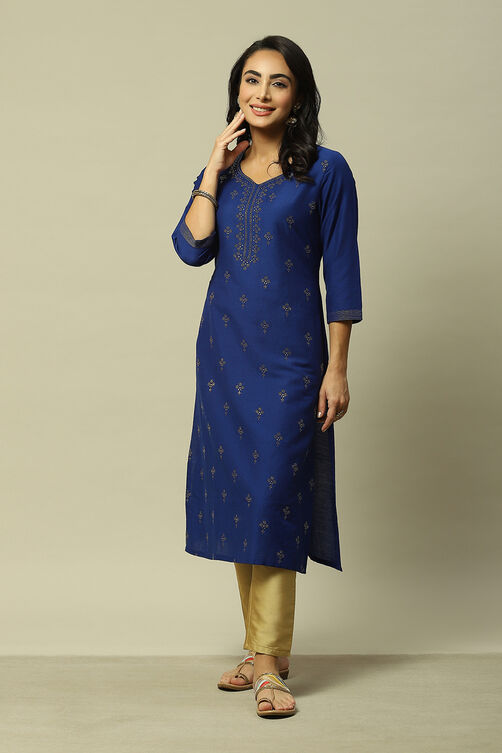 Blue LIVA Straight Printed Kurta image number 5