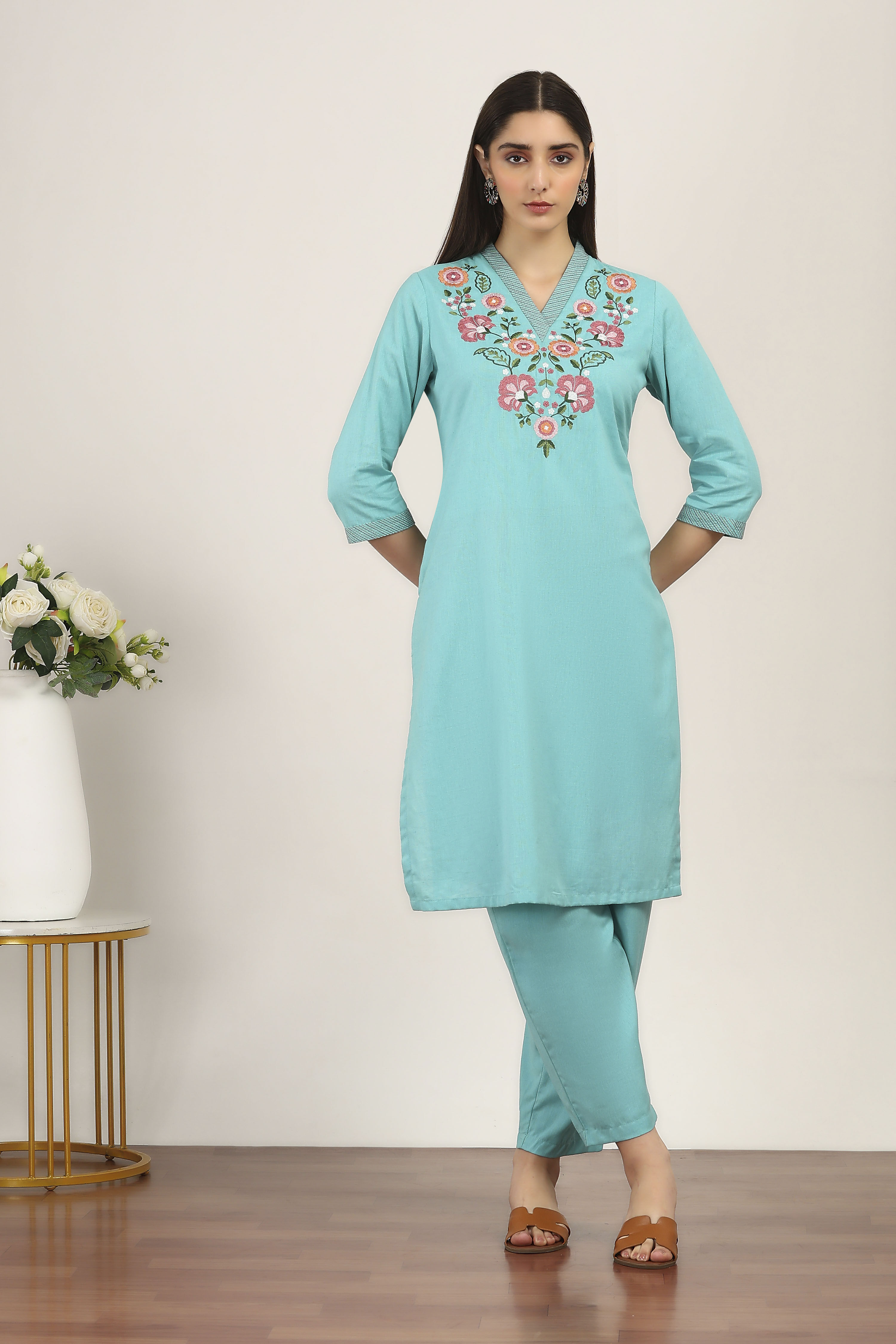 Green Cotton Blend Cotton Flex Kurta Pants Set image number 6