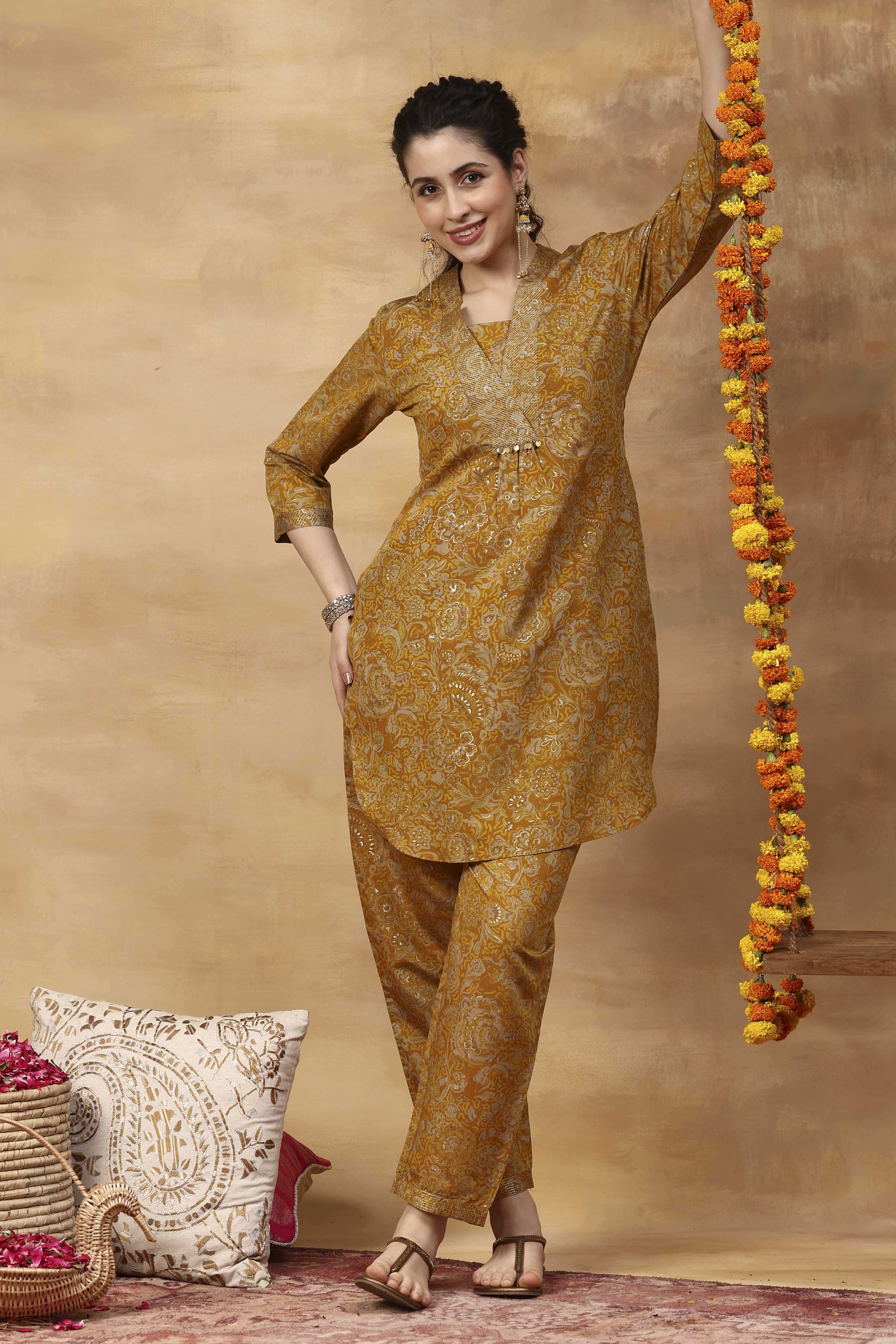 Yellow Viscose Blend A-Line Printed Kurta Pants Set image number 0