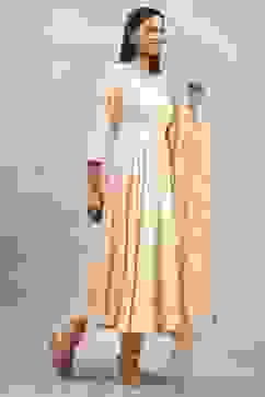 Beige Viscose Rayon Embroidered Anarkali Suit Set image number 4