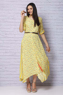 Yellow Viscose Rayon Asymmetric Dress image number 0