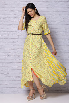 Yellow Viscose Rayon Asymmetric Dress image number 3