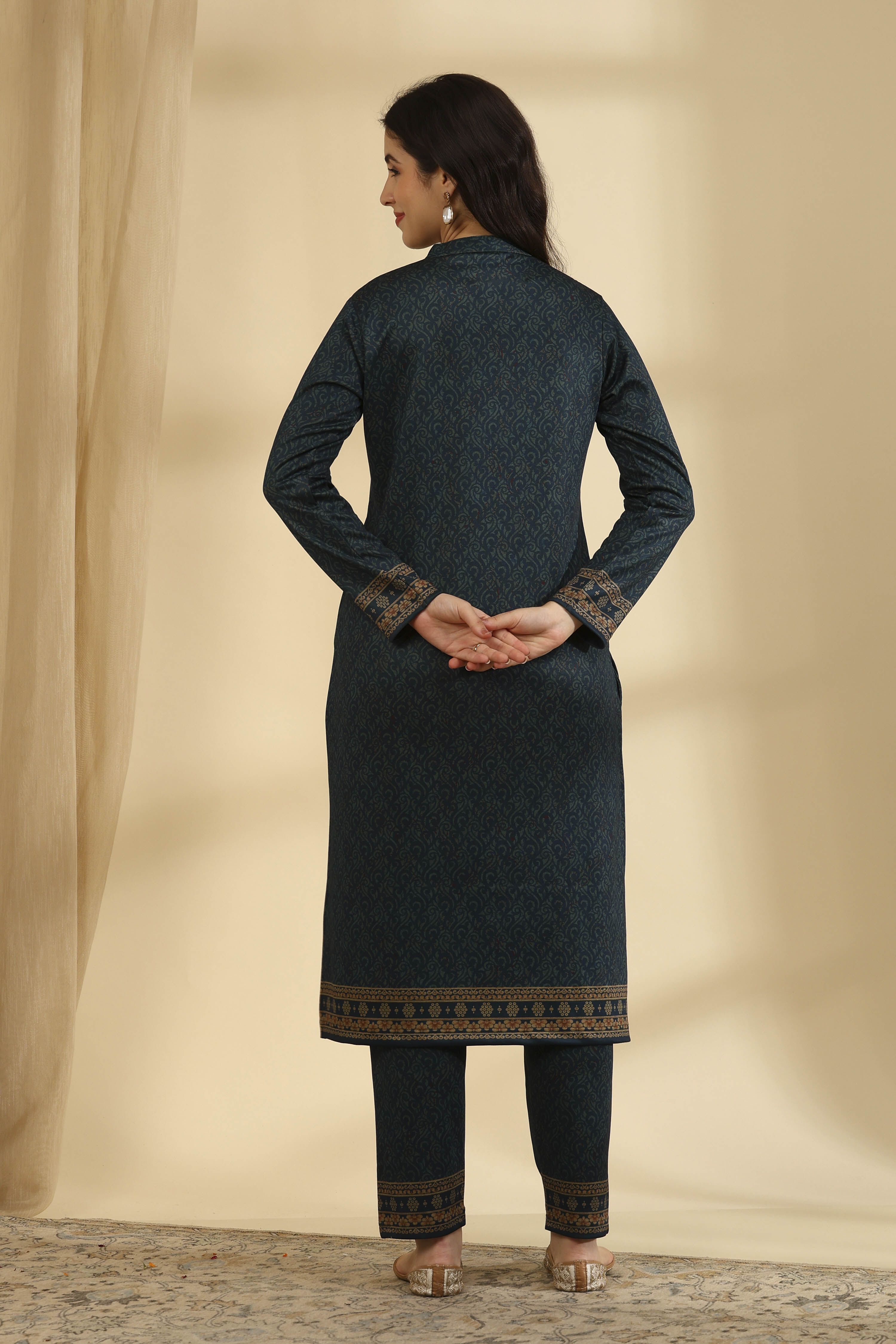 Teal Polyester Straight Printed Suit Set image number 5