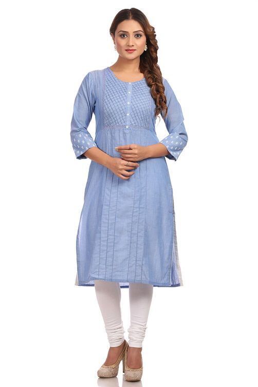 Blue Straight Cotton Kurta image number 0