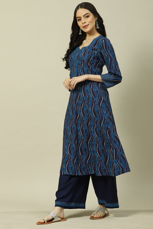 Indigo LIVA Woven Straight Kurta Suit Set image number 3