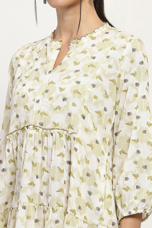 Olive Green Printed Tiered Dress image number 1