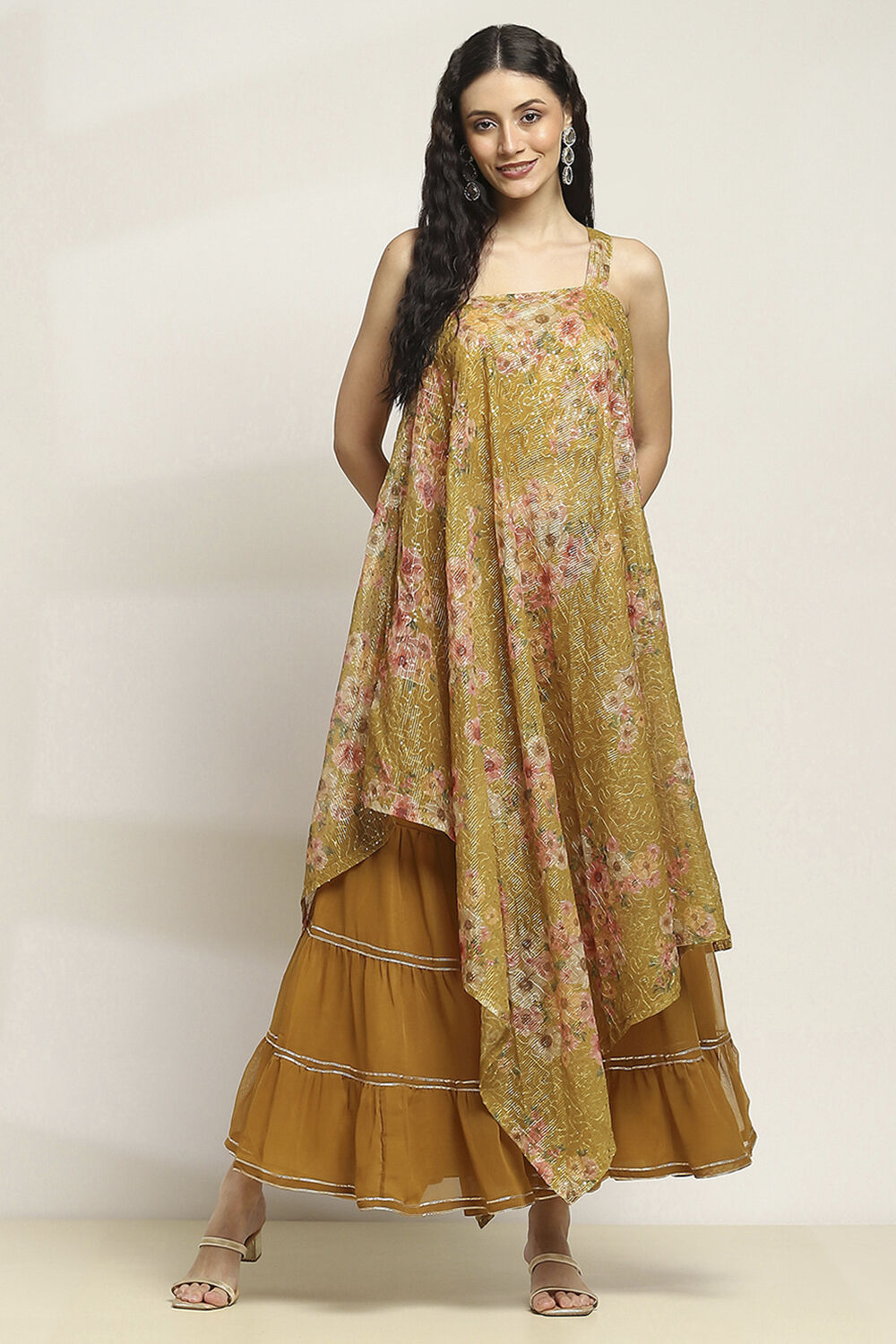 Yellow Poly Georgette Asymmetric Printed Kurta Sharara Suit Set image number 6