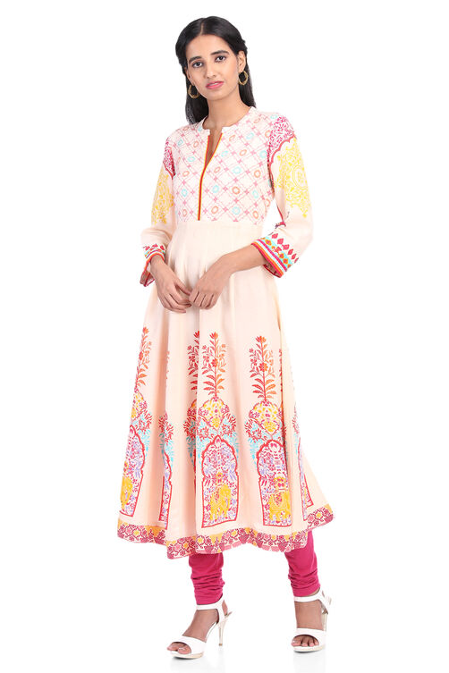 Off White Kalidar Viscose Rayon Kurta image number 3