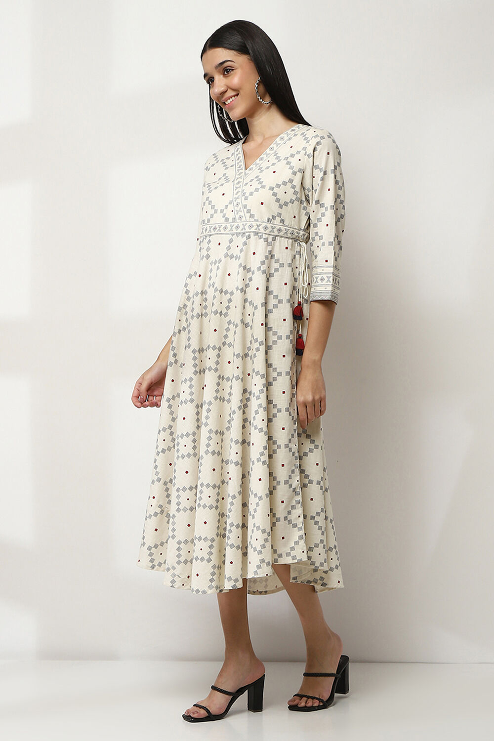 Off-White Cotton Printed Flared Dress image number 2